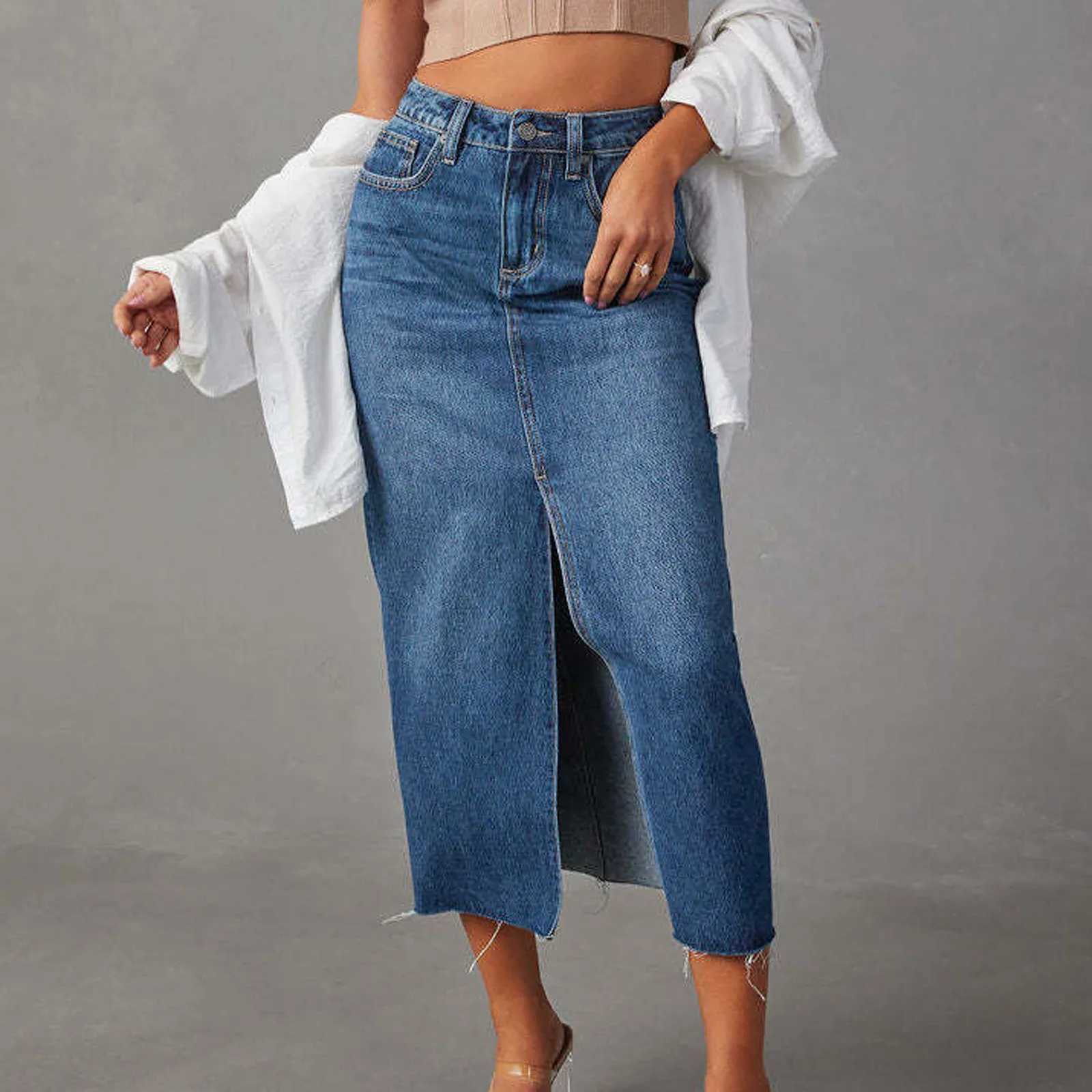 2024 Summer Midi Skirts Vintage Korean Style Skirts For Women Black Blue Jeans Skirt High Waisted Denim Skirt Front Slit M260316