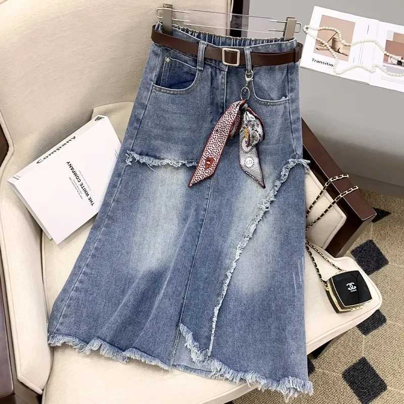 High waisted Denim Skirt 5XL Women 2025 New Slim Vintage Tassel Jeans A-line Skirts Casual Womens Long Skirt Street Clothing M260316