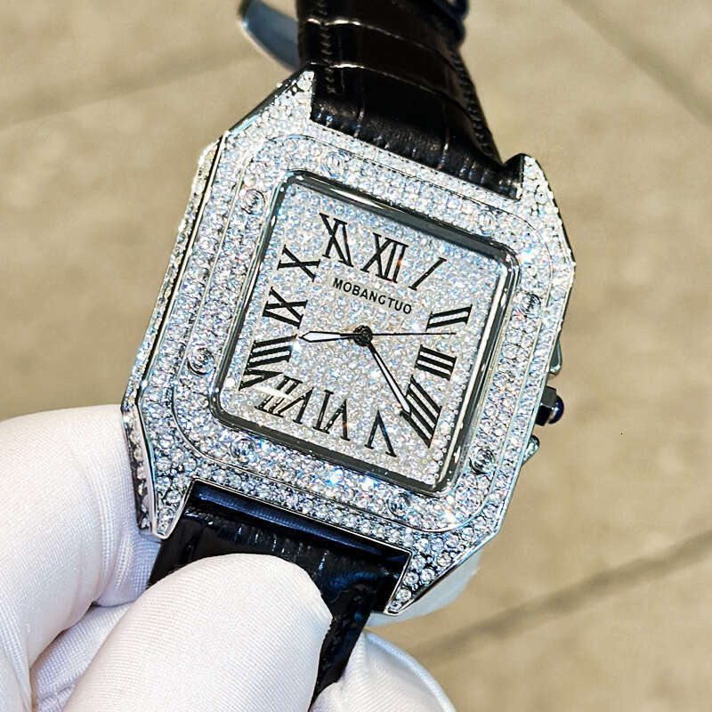 new model full diamond square watch, starry sky dial, large barrel-shaped men's watch Diamond-Studded Men's Watch Hip-Hop Wristwatch Waterpr