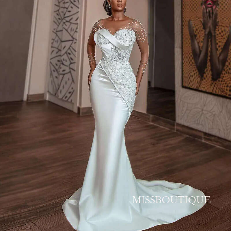 Satin Mermaid African Wedding Dresses For Bride Sheer Neck Long Sleeve Appliques Beading Garden Country Women Civil Bridal Gowns B0316