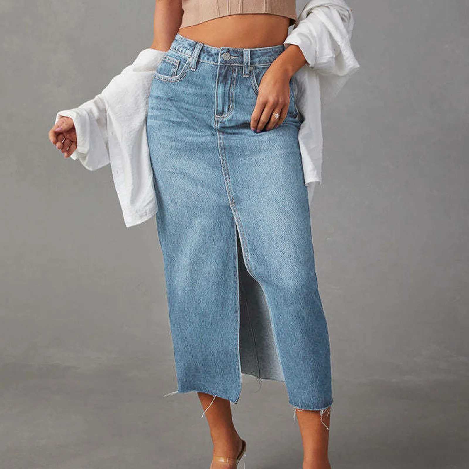 2024 Summer Midi Skirts Vintage Korean Style Skirts For Women Black Blue Jeans Skirt High Waisted Denim Skirt Front Slit M260316