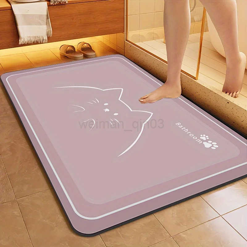 VIKAMA Cartoon Cat Diatomaceous Earth Bathroom Carpet Quick Suction Anti Slip Washable Shower Room Entrance Mat Home Decor H260316