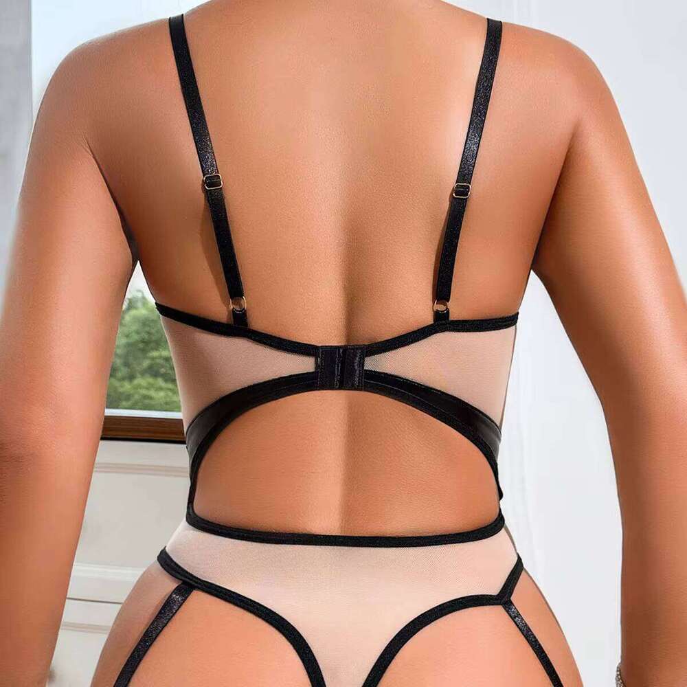 Bodysuit With Thigh Highs Sheer Mesh & PU Leather Lingerie Set No Take Off Ultra Thin One Piece Erotic Underwear For Women