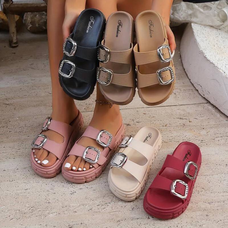 Women's Fashion Thick Sole Sandals,Adjustable Flip Flops,Leather Metal Ankle Buckle Strap Summer Beach Slides