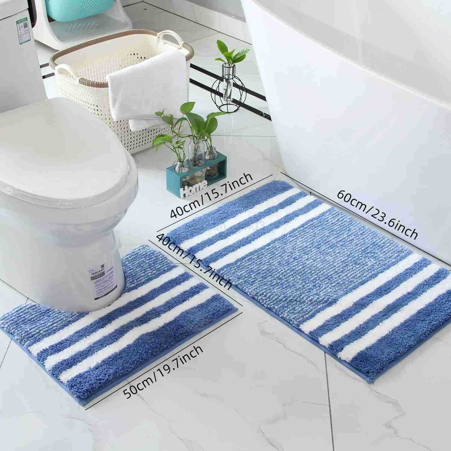 Striped microfiber bathroom carpet set 2-piecewaterproofnon-slip and quick dryingmachine washableTPR backing medium velvet H260316