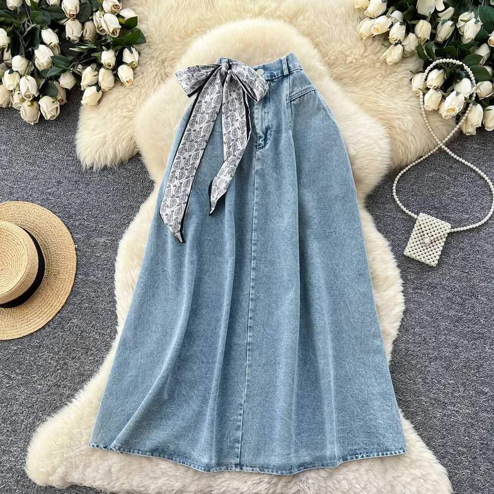 Women Solid Denim Skirts Scarve Skirt Ankle Lenth A Line High Waist Zipper Slight Strech Loose Fit Elegant Casual 2026 Spring M260316
