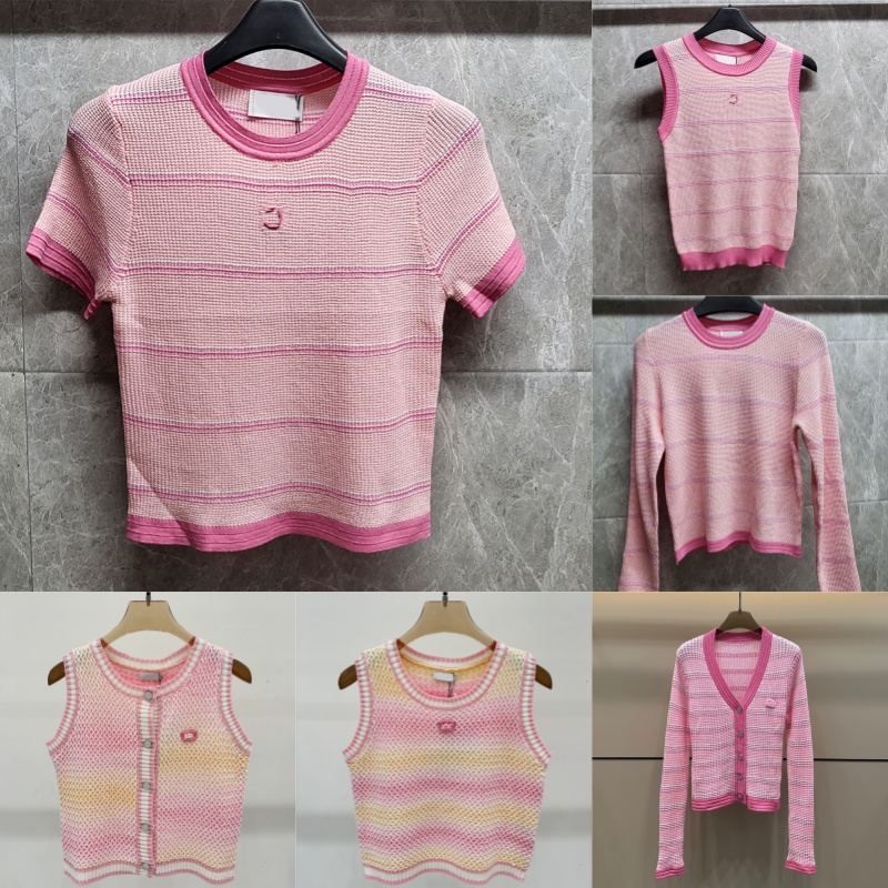 Y2k Style Pink Knit Tops Women Designer Hollow Out Striped Knitted T Shirts Summer Trip Vacation Party Sweater Tees Elegant Sleeveless Dress