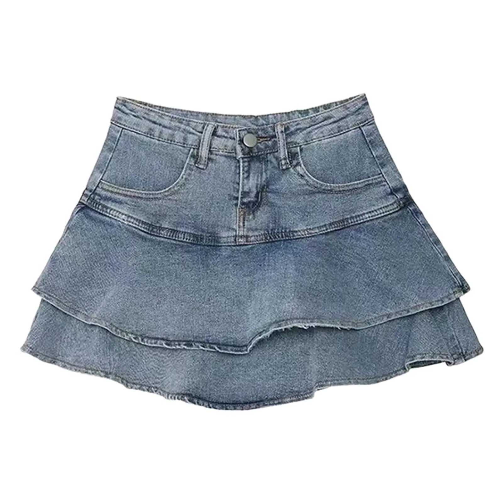 Women Summer High Waist A-Line Mini Cake Jeans Skirt Vintage Washed Pleated Ruffles Layered Tiered Casual Slim Denim Streetwear M260316