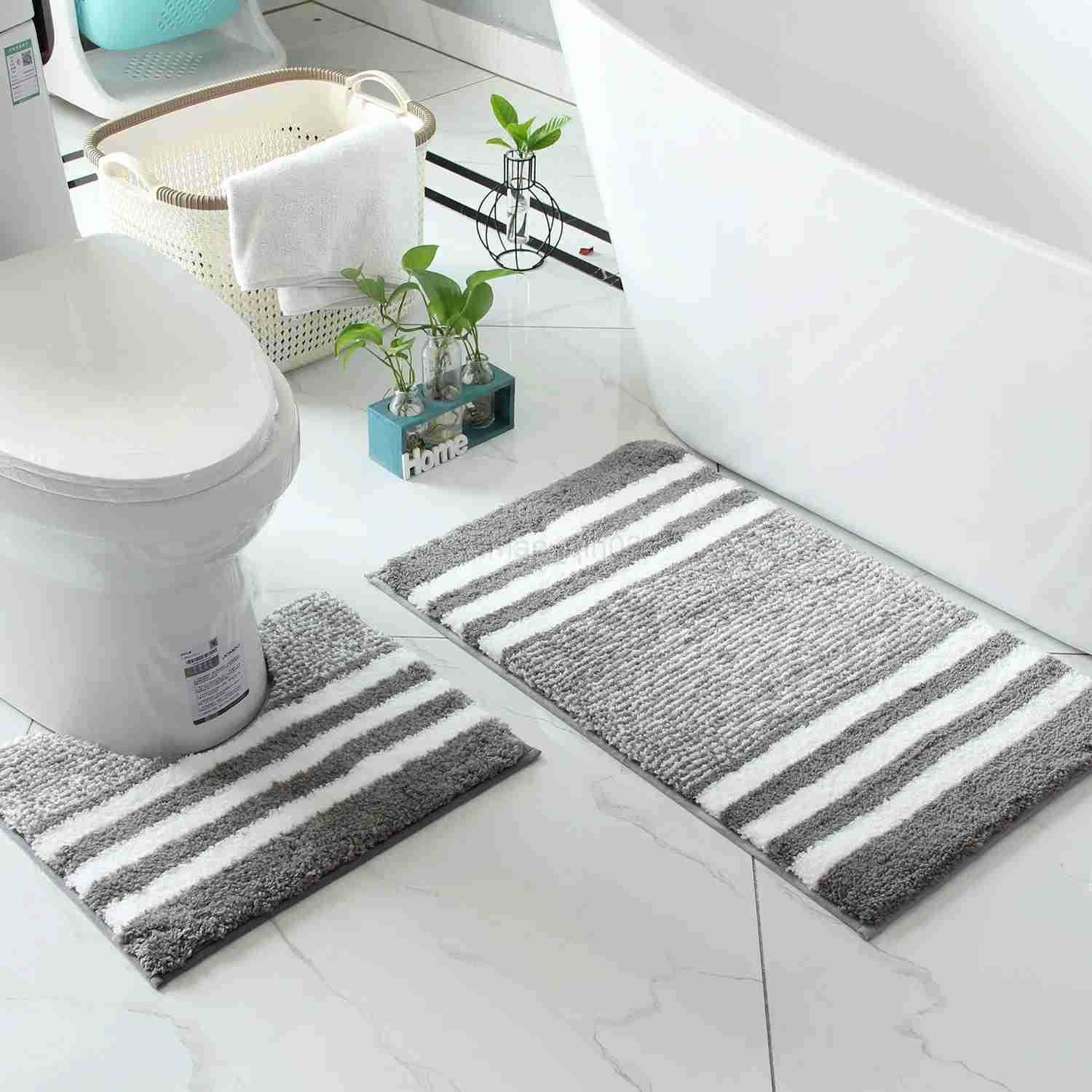 Striped microfiber bathroom carpet set 2-piecewaterproofnon-slip and quick dryingmachine washableTPR backing medium velvet H260316