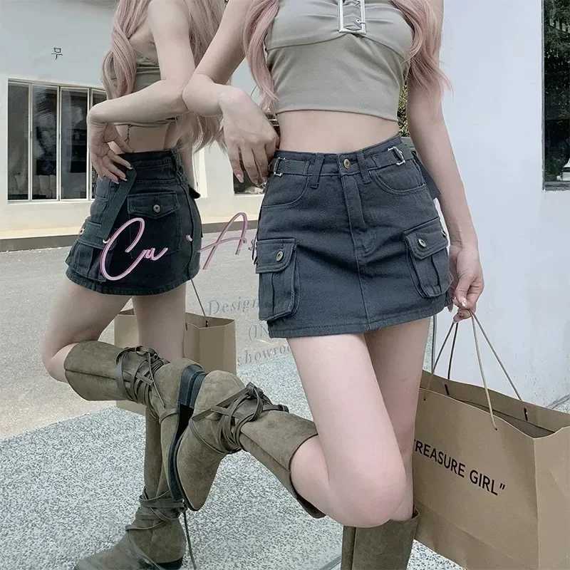 Khaki Cargo Denim Short dress Women American vintage A Word High Waist Skirt Gyaru Anti-exposure Hip-wrapped Culottes M260316