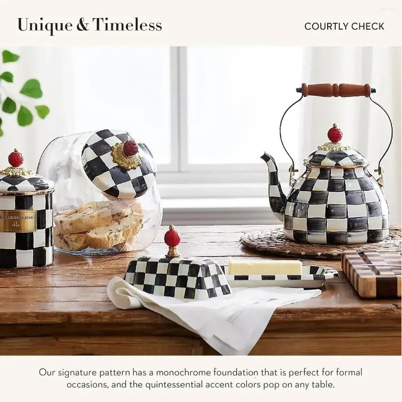 Courtly Check Enamel Butter Dish Black White Lidded Butter Box with Red Berry Knob Vintage Kitchen Storage for Butter & Table Decor