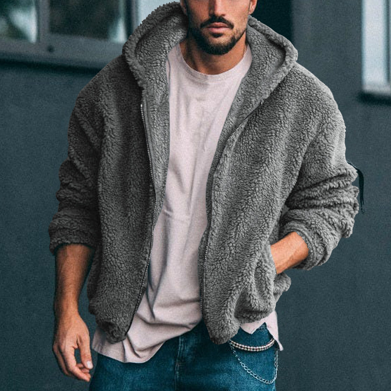 Winter New European And Shirt American Men's Doublesided Fleece Jacket Polo Hoodie Trendy Casual Solid Color Hooded Zipper Thickened