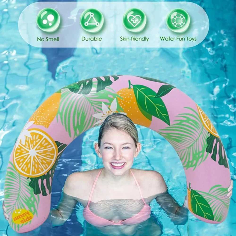 Inflatable Lemon Tropical Leaf Print Pool Float Adult Size Swimming Ring for Summer Beach Pool Party Water Fun M260316