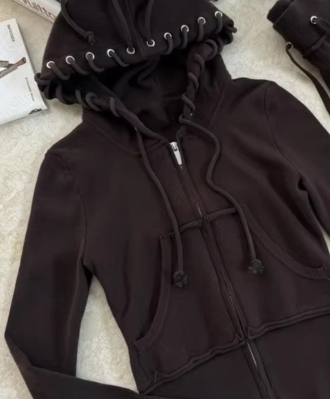 Fashion Grey Autumn Winter Set Punk Casual Retro Burr Street Burr Emo Girl Fairy Zipper Jacket Fashion Trousers 250102