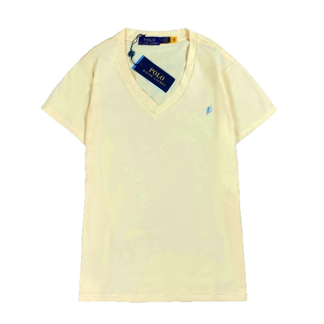 Designer Fashion RL Women's Pure Cotton Flat Neck V-neck Short Sleeve T-shirt Simple And Versatile Elegant Embroidered Short Sleeve