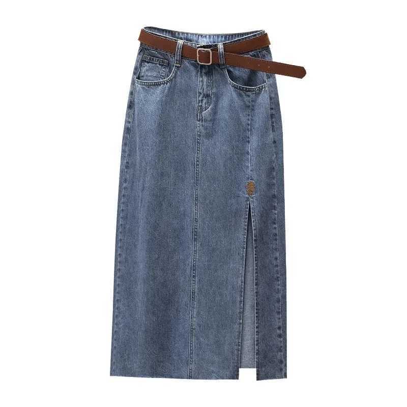 Clearance Sale High-Waisted Embroidered Denim Skirt Womens Summer A- Line Side Slit Specialty Store Clothing M260316