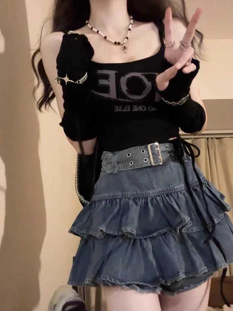 Fashion Japanese 2000s Cutecore Denim Mini Skirt Summer Women Gyaru Coquette Chic Skater Y2k Harajuku Chic Culottes Ballet Core M260316