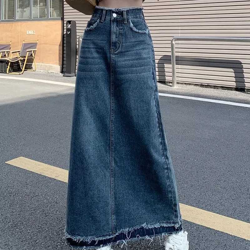 Summer Street Style Rough Edge Skirt Korean Version Women Retro Casual High-waisted A-line Skirt Temperament Loose Denim Skirts M260316
