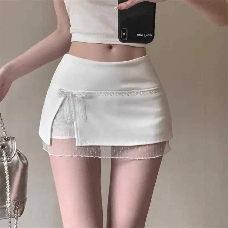 Mini Skirts Women Patchwork Lace Bow Hotsweet Summer A-Line Skirt with Safety Pants Fashion Side Slit Bodycon 2025 Lady Skirts M260316