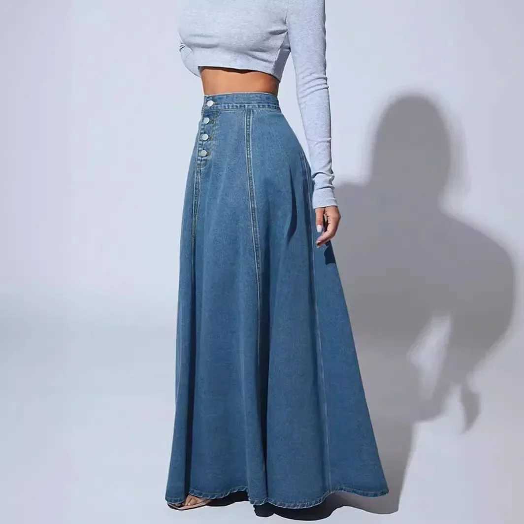 Denim Skirts Women Long Skirt A Line Single Breasted High Waist Jeans Vintage Maxi Simple Casual Elegant Splice Y2k Streetwear M260316