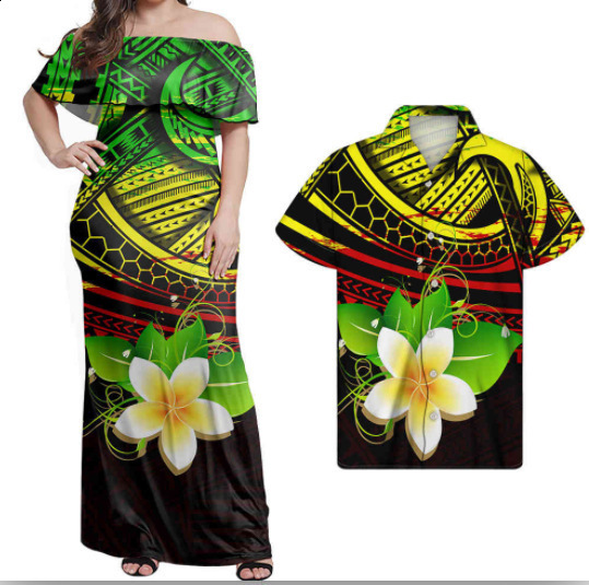 Polynesian Tribal Sublimation Print Lady Party Mermaid Style Dress Women's Long Fishtail Dress And Men Shirt Couple Suit 220628