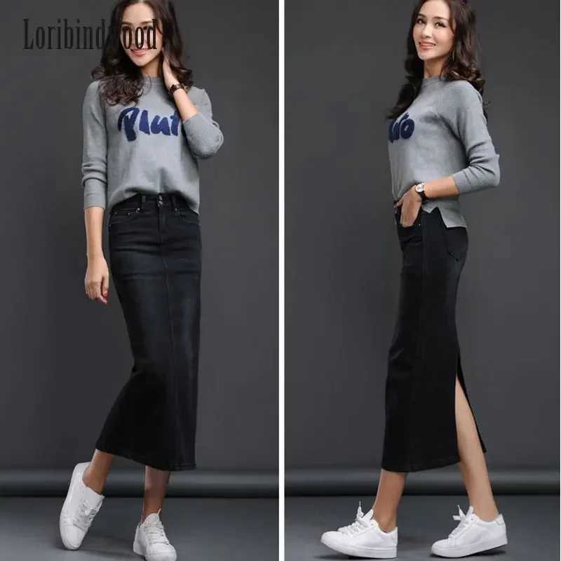 Classic Denim Women 2023 Long Jean Skirt High Waist Pencil Skirt Ladies Stretch Black Blue Faldas Largas Jupe Longue Femme M260316