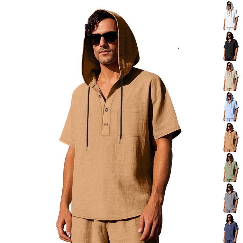 Designer T-shirt European Designer Hoodie And Polo American Summer Linen Hooded Men's Shortsleeve American Simple Loose Pullover