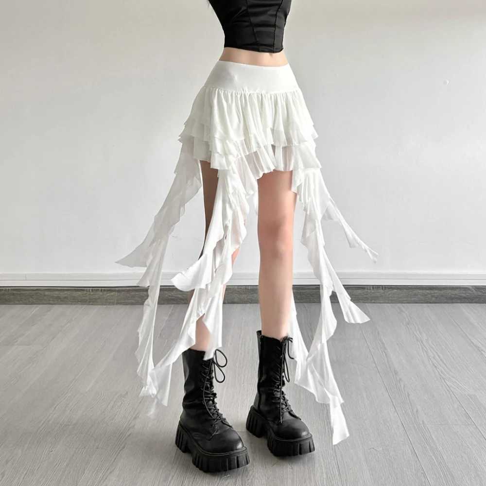 SylCue Ruched Elegant Mini Skirts Women Y2K Sweet Style Elastic Waist Ruffles Tassel Street Fashion Trend Solid Classic Outfits M260316