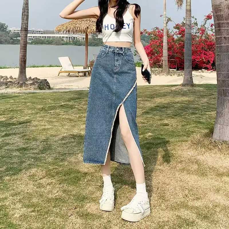 High Waist Casual Denim Mini Skirt for Women with Slit Loose Fit Mid Length Sweet Fresh Style Cotton Blend Spring Autumn M260316
