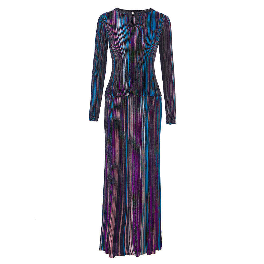 2026 Spring/Summer Designer e22 Women's Colorful Shiny Long Sleeve Round Neck Single Button Elastic Top Skirt