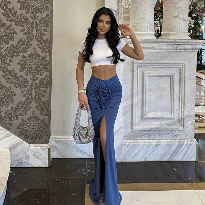 Women Fashion 3D Floral Slit A-Line Skirt Wrap Hip Sexy Slim High Waist Long Skirt Female Casual Floor-Length Drape Maxi Skirts M260316