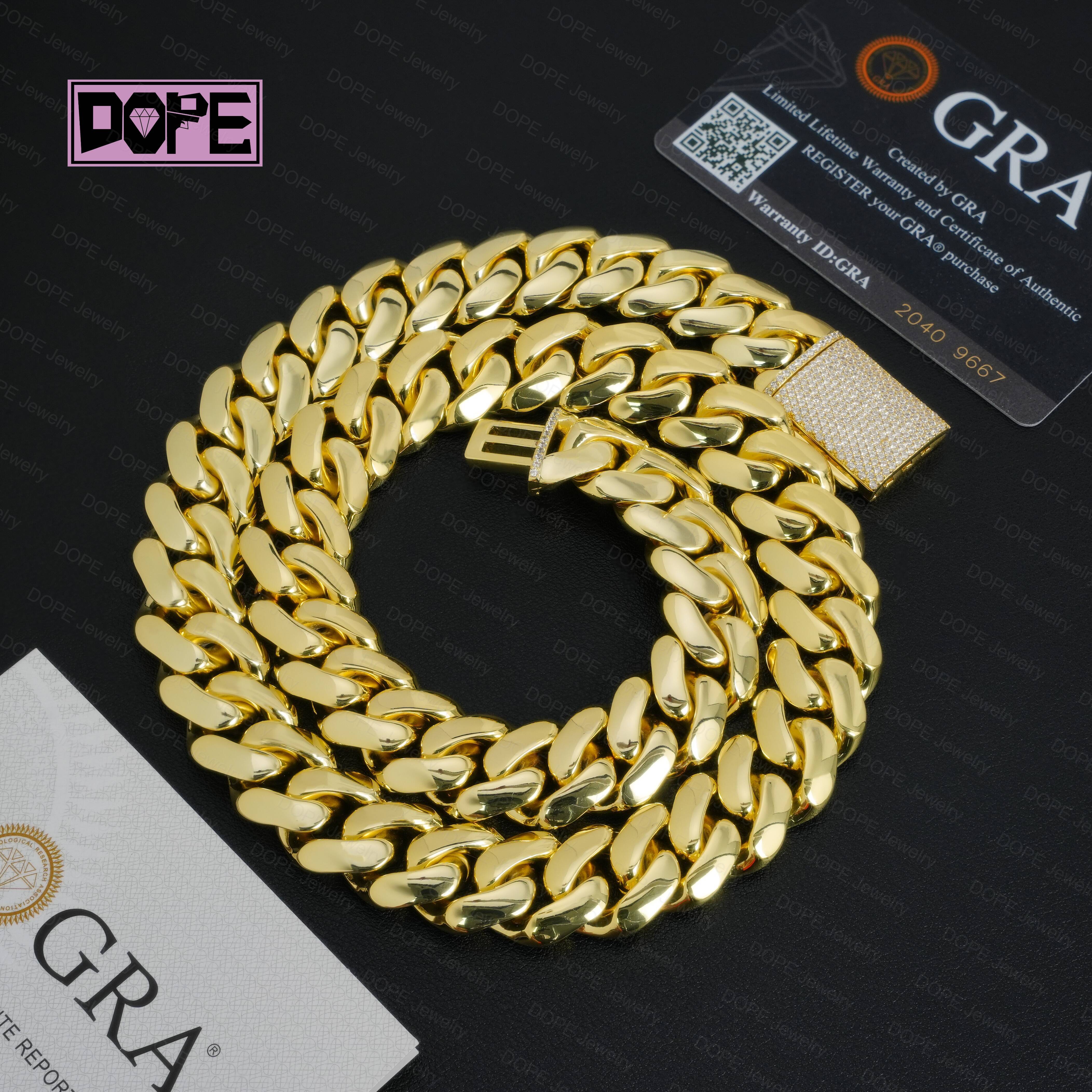 16mm Cuban Link Chain Hip Hop 14K 18k 20k Real Yellow Gold Plated Iced Moissanite Lock 925 Silver Plain Miami Cuban Link