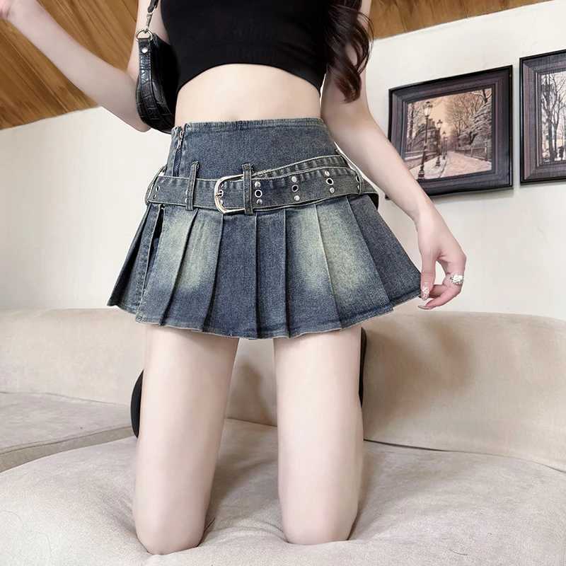 Sweet Sxey Denim Cake Skirt Women Retro Hight Waist A Line Mini Skirt Female Korean Fashion Casual Streetwear Pleated Skirt Y2K M260316
