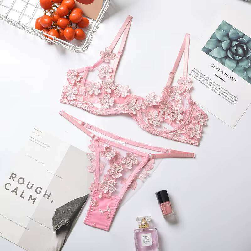 2025 New Product Sexy Bra Embroidery Flower Perspective Women's Sex Underwear Set