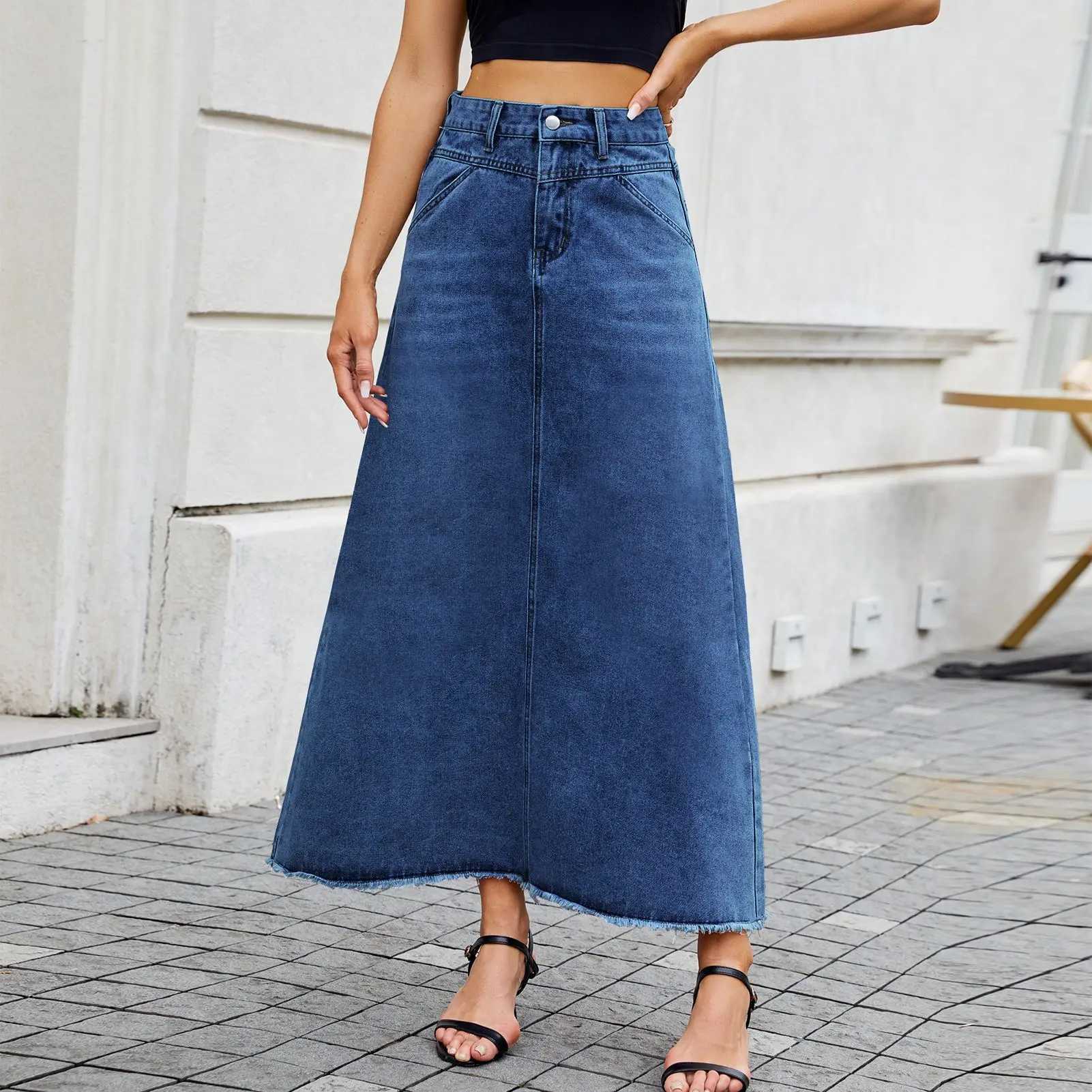Denim Long Skirt Women Summer Basics Skirts Streetwear High Waist Washed Distressed Pockets Button 2025 Female Vintage A Line M260316