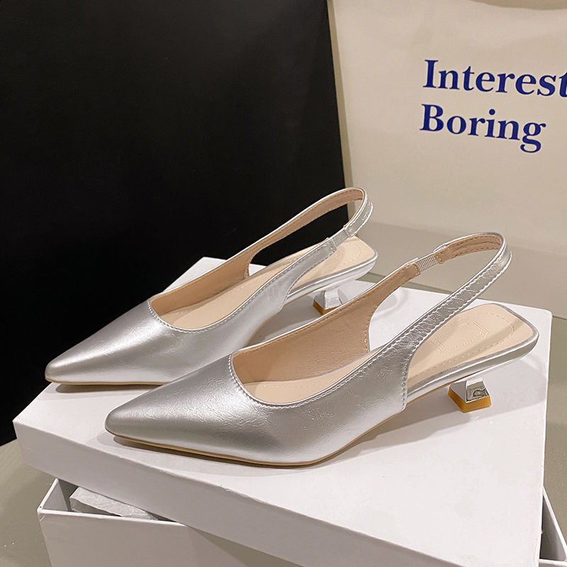 Spring/Summer Womens Kitten Toe Sandals Fashion Rear Buckle Shining Silver Womens Casual Midsole Shoes 241113