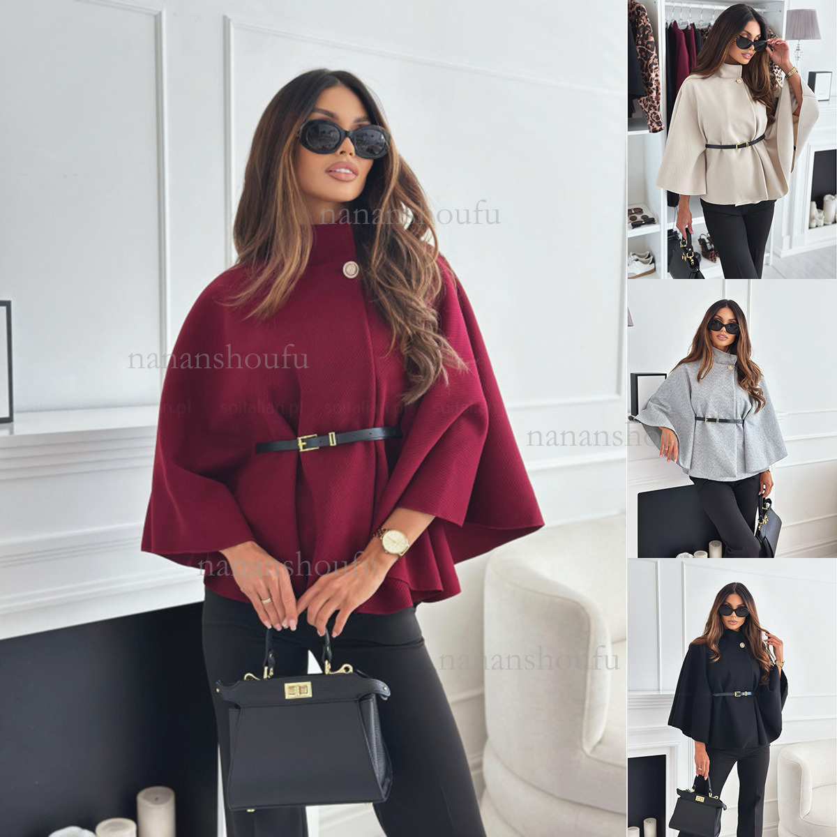 2026 New Designer Solid Color Strap Wool Jacket Luxury Winter Essential Women's Cape Top Fashion Trend Solid Color Loose Clothing Wholesale