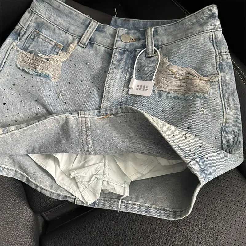 Vintage Denim Starry Skirts Women Mini Rhinestone A-line Korean Style Hot Spicy s Summer Streetwear Stylish 4XL Chic M260316