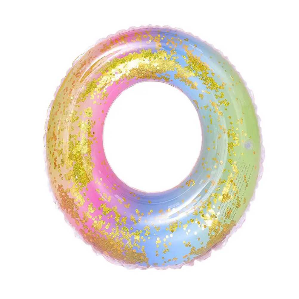 Sequins Translucent Gradient Rainbow Inflatable Swim Ring Safe Float Seat Ring Sports Accessory for Adults Women 70Cm Pool Beach M260316