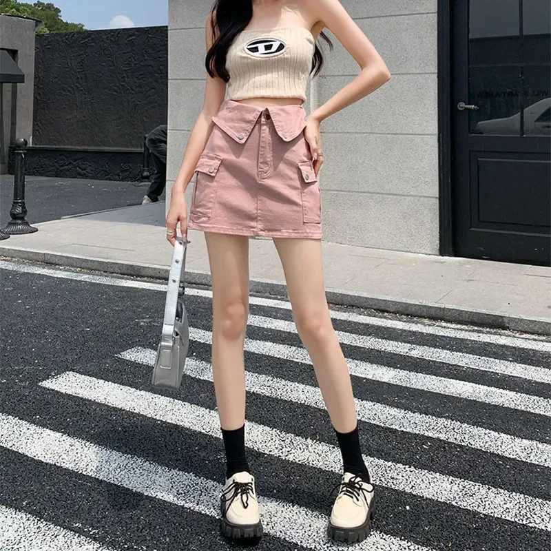 Fashionable Flap Pocket Button Skirts Female Clothing American High Waist Spring Summer New Solid Color Denim Cargo Mini Skirts M260316