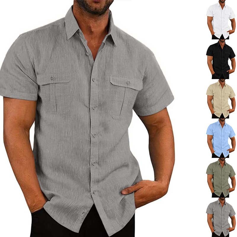 European Designer T-shirt And American Summer Men's Shortsleeve Shirt Solid Color Pocket Cardigan Loose Fit Collar Designer Polo Hoodie Linen Shirt