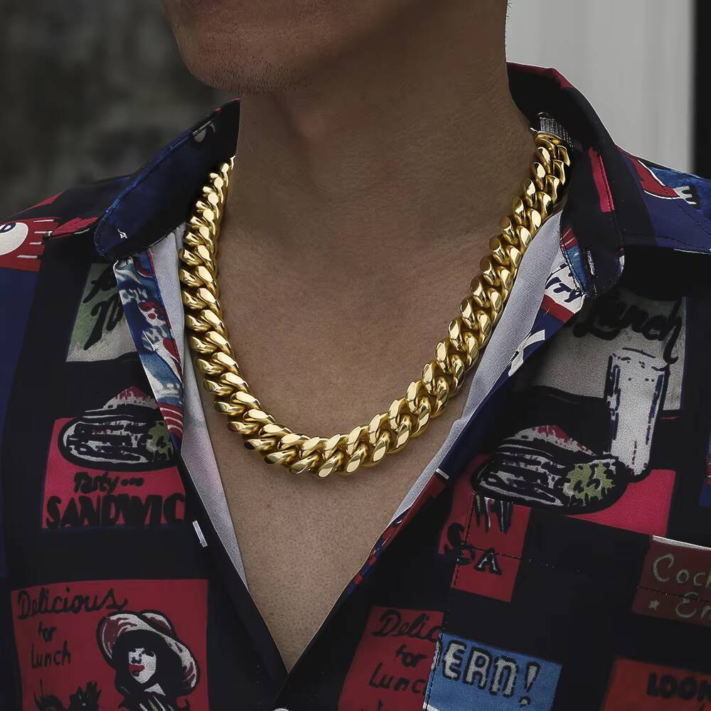 KRKC 18mm 18K/White Gold Plated 5A CZ Iced Out Diamond Lock Miami Stainless Steel Cuban Link Chain Hip Hop Jewelry