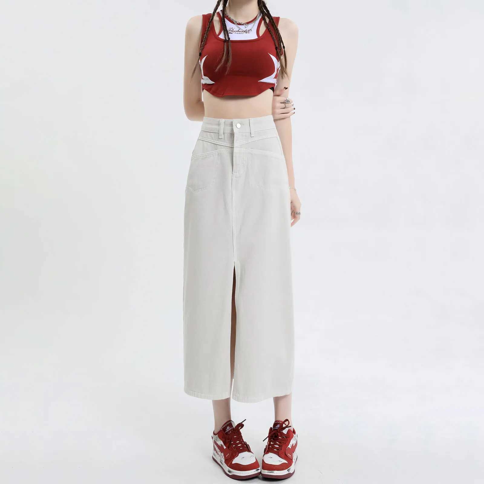 2026 New Women Slit A-line Midi Skirt Korean Female CloTHing Cotton Pink Y2k Denim Long Skirts Womens CloTHing M260316