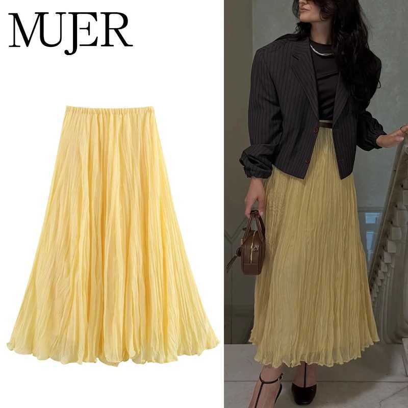 MUJER Yellow Pleated Long Skirts for Women Layered High Waist Midi Skirt Woman Summer Ruched Womens Skirt Beach Skirt Women M260316