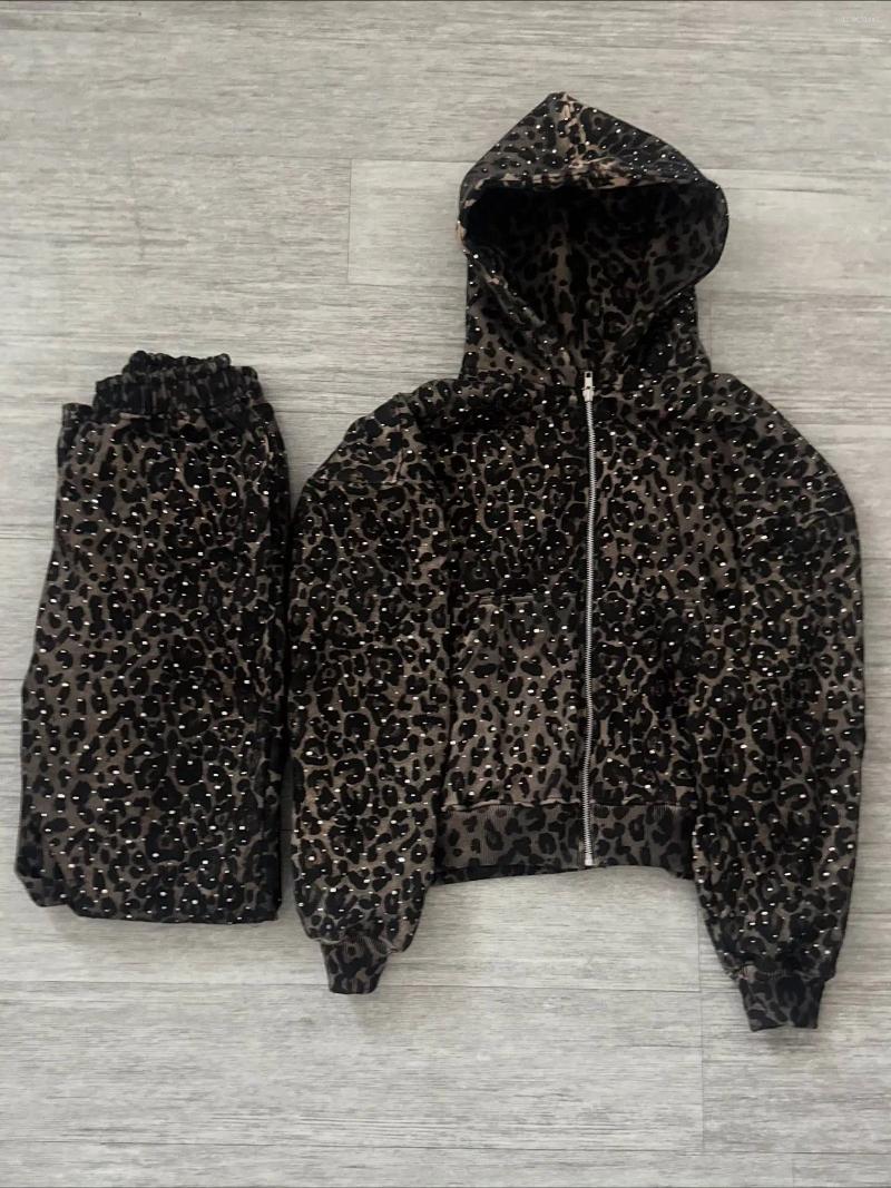 Women's Hoodies Leopard Print Rhinestone Zip Up Hoodie & Wide Leg Pants Set Women 2026 Loose Fit Streetwear Two Piece