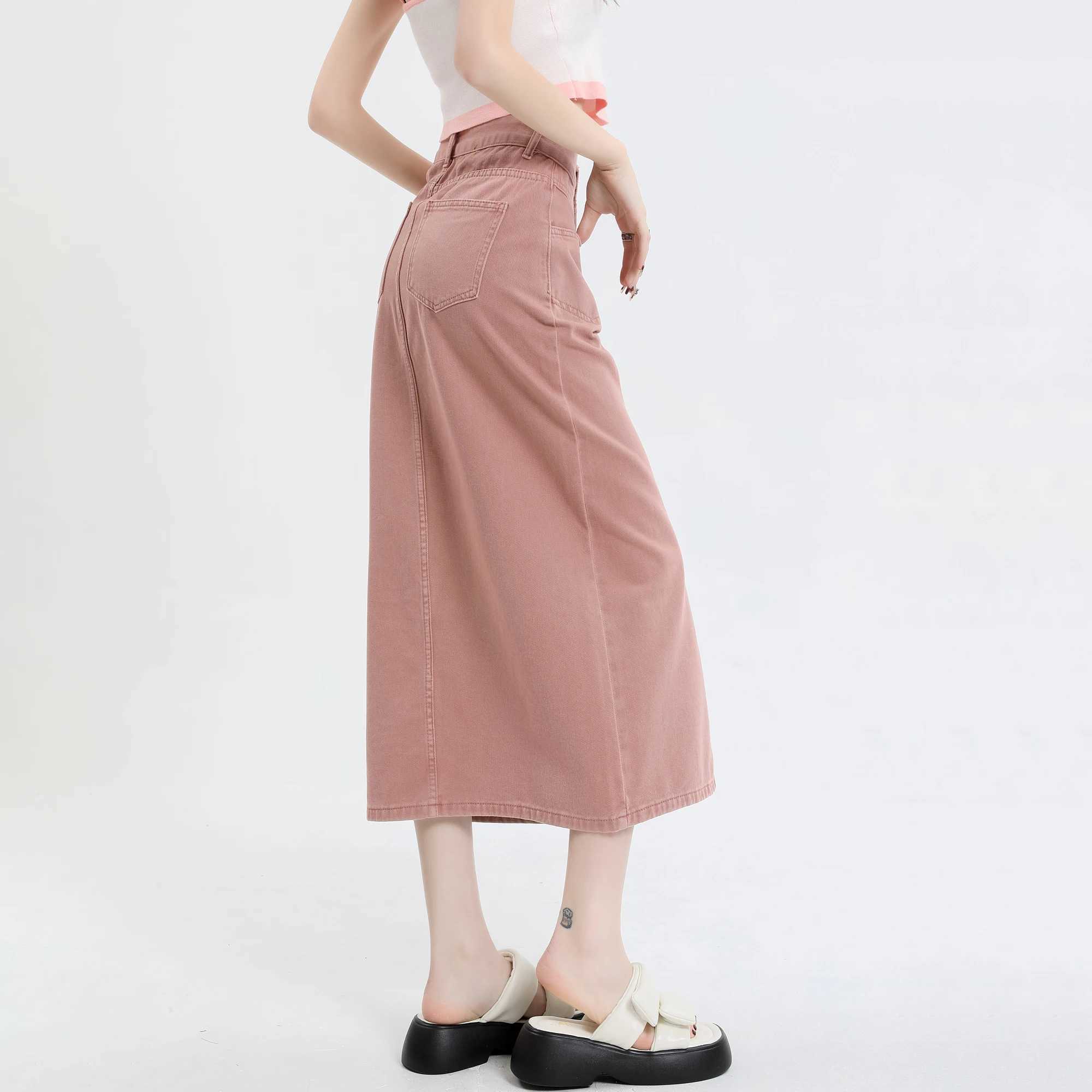 2026 New Women Slit A-line Midi Skirt Korean Female CloTHing Cotton Pink Y2k Denim Long Skirts Womens CloTHing M260316
