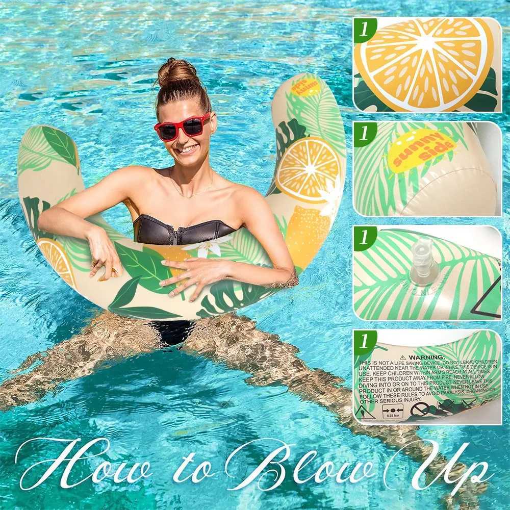 Inflatable Lemon Tropical Leaf Print Pool Float Adult Size Swimming Ring for Summer Beach Pool Party Water Fun M260316