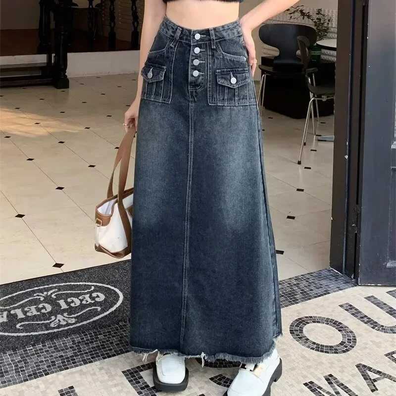 2024 New Streetwear Denim Skirt Spring Summer Fashion Frayed Hem Pocket High Waist Long Jeans Skirt Loose Plus Size Skirt S-5XL M260316