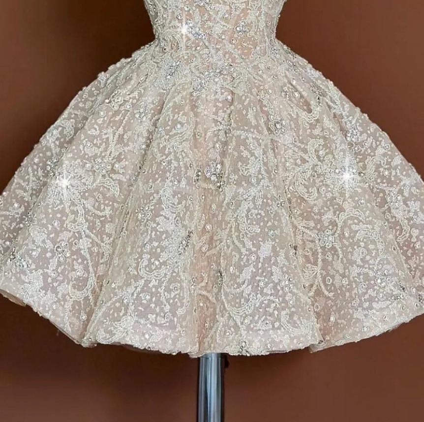 Champagne A-line Graduation Dress Beaded V-neck Lace Short Mini Homecoming Party Formal Cocktail Prom Bridesmaid Gowns Dresses