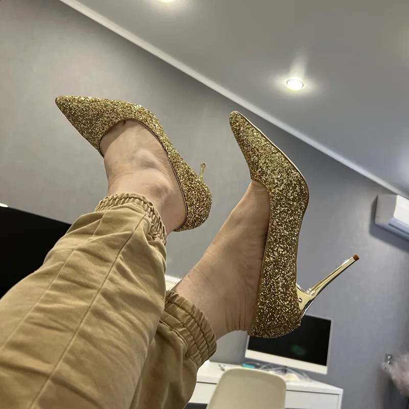 Women 7cm 95cm High Heels Pumps Wedding Bridal Scarpins Sparkly Mid Heels Lady Party Sequins Glitter Evening Gold Silver Shoes 260625 - view 3